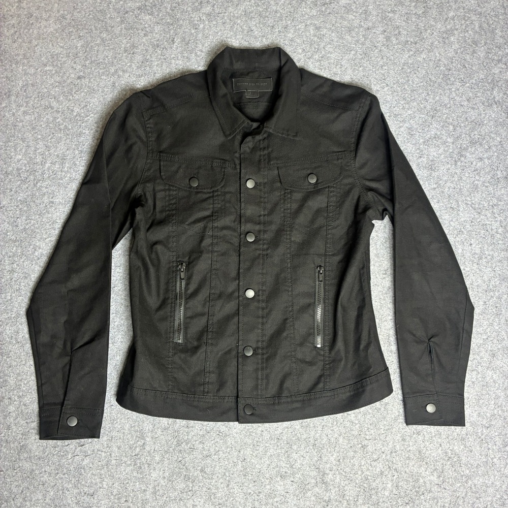 Triumph Over Tragedy Size Small Black Textured Snap Front Trucker Jacket Zip Pkt